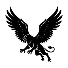 Fototapeta premium Black silhouette of a soaring griffin with extended wings and talons in a bold minimalist design mythological creature concept