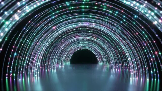 A futuristic tunnel with vibrant neon lights symbolizing the flow of digital data.