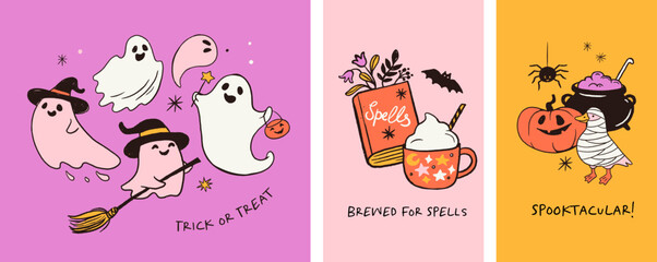 Fototapeta premium Halloween posters, cards and banners with ghosts, cauldron, pumpkin and spell book. Playful hand drawn vector illustration and background