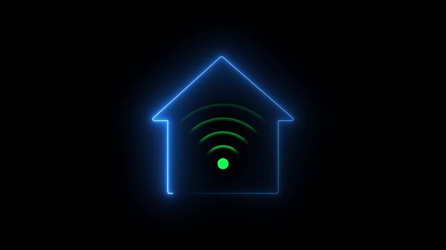 Smart home wi-fi connection animation, neon glowing house symbol with wireless signal wifi internet
