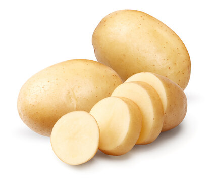 sliced raw potato isolated on white background. clipping path