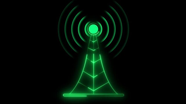 Neon green radio tower with pulsing signal waves animation for telecommunications and digital connectivity concepts