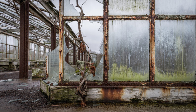Derelict Greenhouse with Cracked Glass and Rusted Iron
