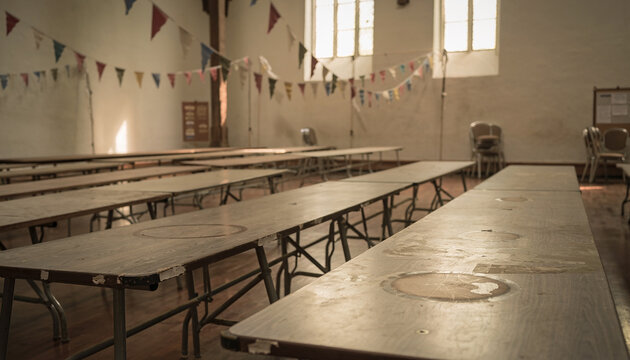 Empty Trestle Tables in Church Hall with Bunting