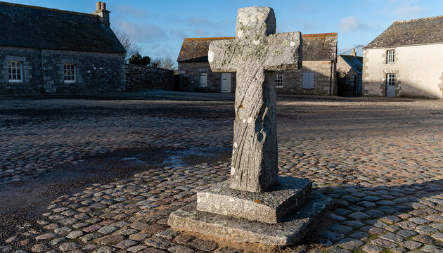 Stone Market Cross in Empty Cobbled Village Square