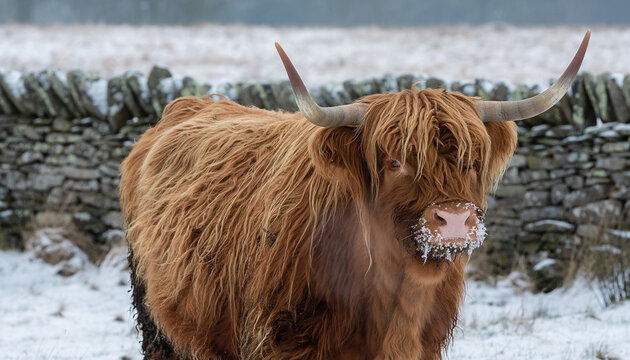 Highland Cattle in Snowy Field with Frost on Muzzle