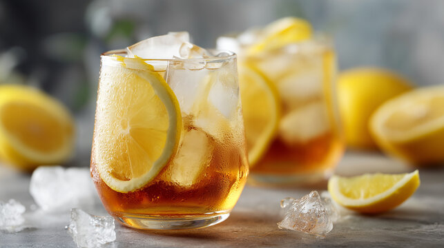 Refreshing probiotic tea drink with lemon slices and ice cubes