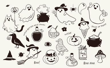 Fototapeta na wymiar Black and white hand-drawn Halloween icon collection with cute ghosts, pumpkins, cauldrons, magic potions, witch hat, crow, mummy and other spooky doodles.