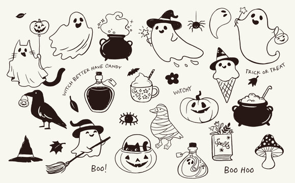 Black and white hand-drawn Halloween icon collection with cute ghosts, pumpkins, cauldrons, magic potions, witch hat, crow, mummy and other spooky doodles.