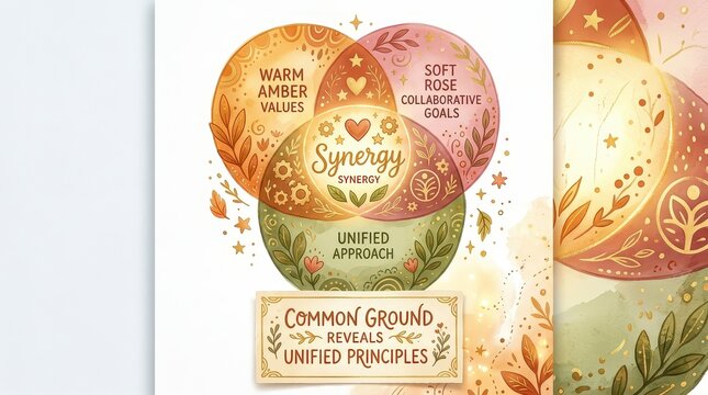 Venn diagram illustrating synergy, unified approach, warm amber values, and collaborative goals with a common ground concept.