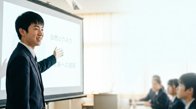 スクリーンの前でプレゼンテーションする日本人の男子生徒