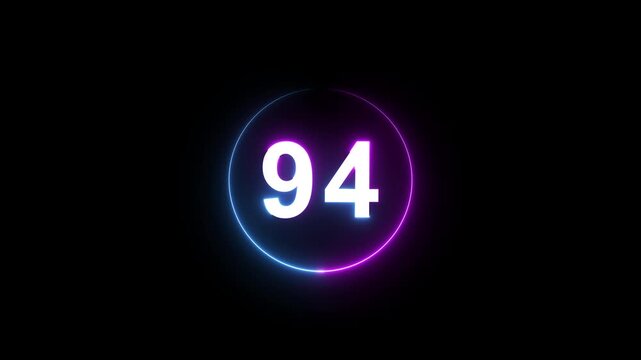 A dynamic circular animation, and glowing count neon number 94 animation . on a black background. and creating a stunning 4k video.