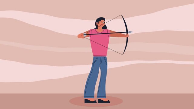 Flat animation of female archer holding bow and aiming at target against abstract wavy background.