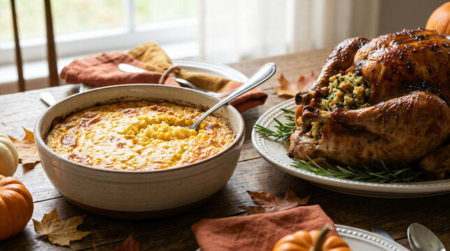 Roast turkey with stuffing and corn casserole for holiday feast