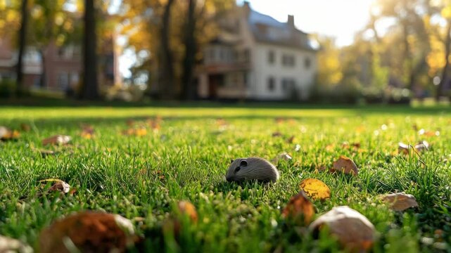Small fluffy hamster in a garden with autumn leaves