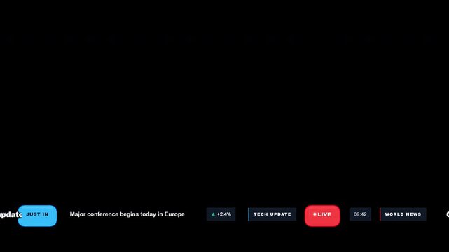 Professional Digital Breaking News Ticker Overlay with Scrolling Text on Black Background for Broadcast Media