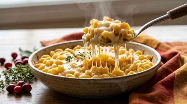 Bowl of creamy macaroni and cheese with a spoon for serving