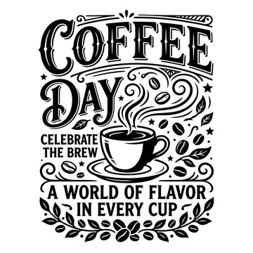 Coffee Day Celebration Typography with Steaming Cup and Beans
