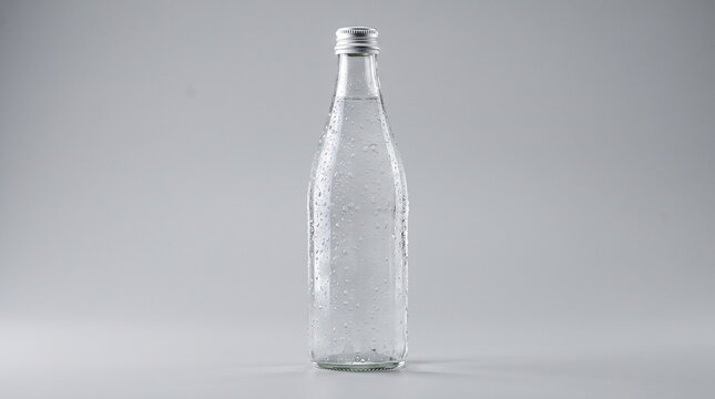 Clear Glass Water Bottle with Water Droplets Isolated on Light Grey