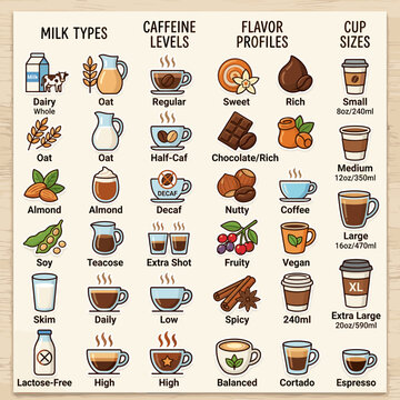 Coffee Drink Guide Milk Types Caffeine Flavors Cup Sizes Infographic