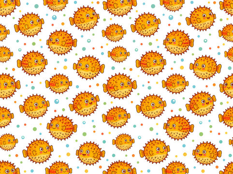 Seamless pattern with cute orange puffer fish illustration
