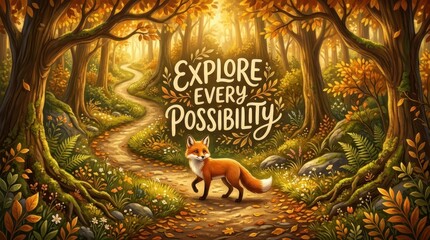 Fototapeta premium Whimsical Fox on a Winding Path Through an Enchanted Autumn Forest with Motivational Text
