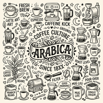 Coffee Culture Doodle Art Arabica Beans Brewing and Cafe Essentials