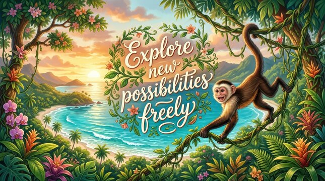 Vibrant tropical paradise with a playful monkey swinging on vines, inspiring message of exploration and new beginnings at sunset.