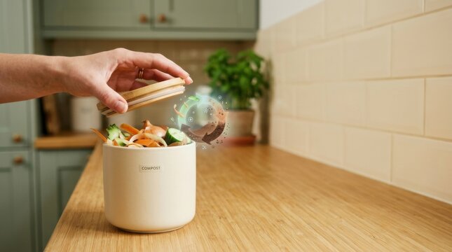 Person closing the lid of a compact kitchen compost caddy filled with clean vegetable peelings for sustainable composting