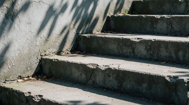 Worn concrete stairs show cracks and chipped edges from weathering. Sunlight casts shadows on the textured surface. Outdoor pathway shows age and disrepair, needing renovation.