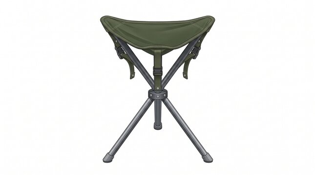 Foldable Olive Green Three Legged Tripod Camping Stool Isolated on White Background for Outdoor Travel and Tactical Gear Equipment Illustration