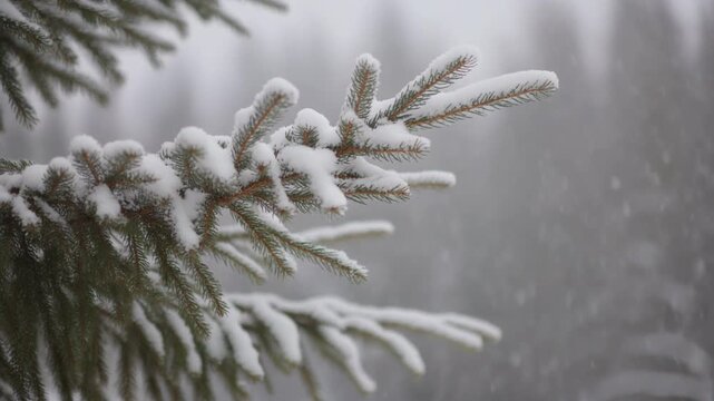 Snow-Covered Pine Branches in a Winter Forest During a Gentle Snowfall