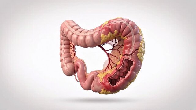 3D Medical Illustration of a Human Colon with Internal Cross-Section Showing Digestive Health Issues or Inflammation on a White Background