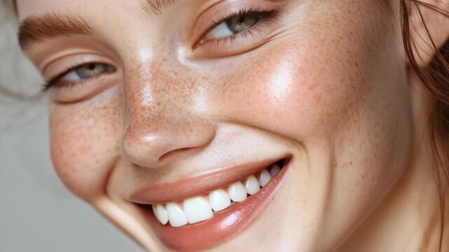 Close-up Portrait of Young Woman with Freckles and Dewy Skin