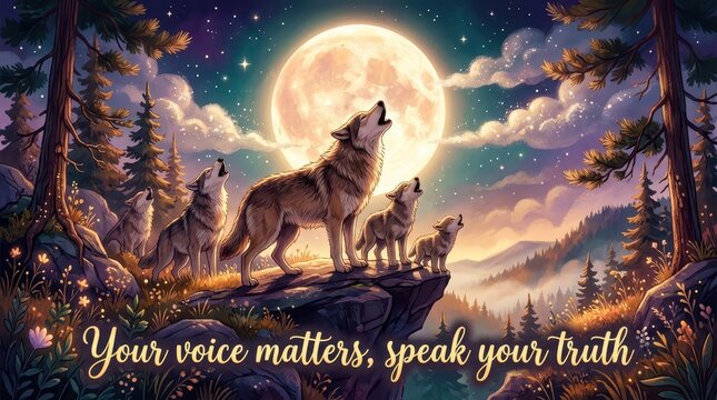 Wolf Pack Howling at Full Moon in Starry Night Sky, Majestic Forest Landscape, Inspirational Message