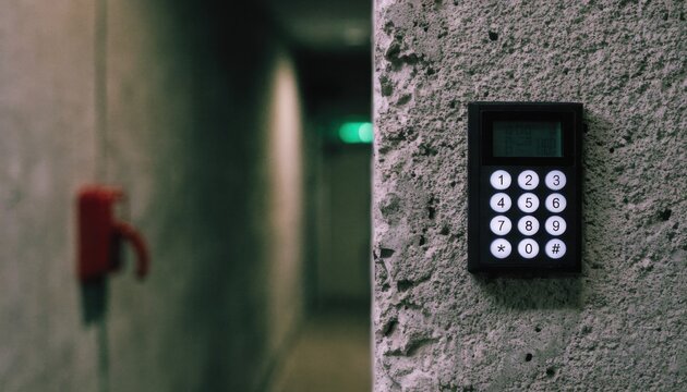 Black digital keypad mounted on a rough concrete pillar in a dimly lit hallway