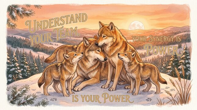 Wolf Pack Symbolizing Teamwork and Synergy on a Snowy Mountainous Landscape at Sunset