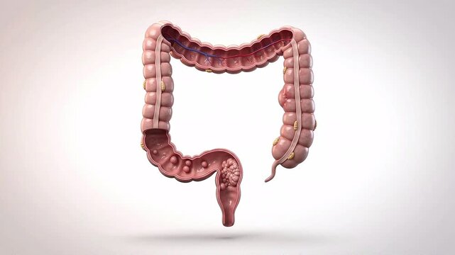 3D medical illustration of human colon with internal polyps and tumors on white background.