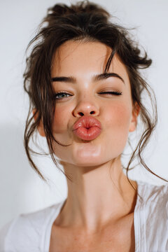 people of ai, beautiful woman doing kissy face, portrait, pink lips and loosely tied hair, photorealistic