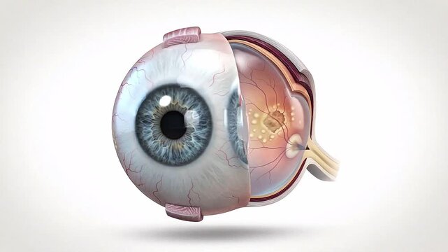 3D human eye anatomy cross-section showing internal layers and structure.