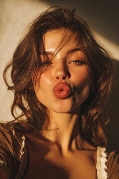 people of ai, beautiful woman doing kissy face, portrait, warm orange light across her face, photorealistic