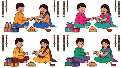 Fototapeta premium Traditional Indian Sister Tying Rakhi Amulet on Her Brothers Wrist Vector Set with Sweets and Gifts for Raksha Bandhan Festival Graphic Designs