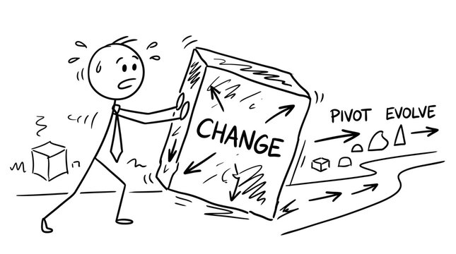 Stick figure pushing change box toward pivot and evolution.