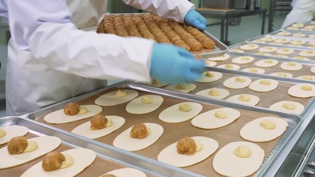Gloved worker placing baked pastry pieces onto rows of dough rounds in industrial bakery assembly, with bakery, production, pastry, dough detail, showing tray, baking, assembly, glove context