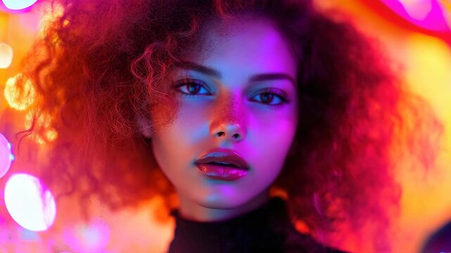 Portrait of a Woman with Curly Hair and Neon Glow