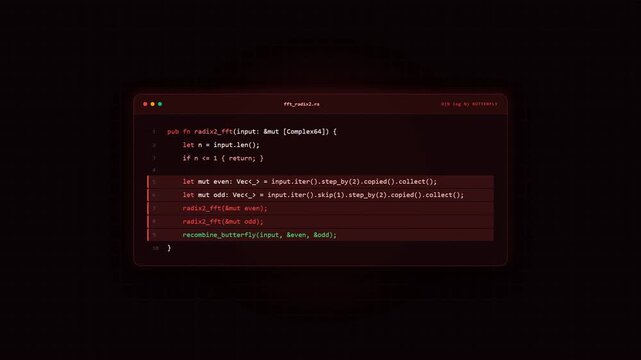 A video sequence showcasing a dark-themed code editor with Rust programming syntax. The screen displays the implementation of a Fast Fourier Transform function with distinct red highlights.