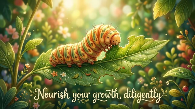 Vibrant close-up of a colorful caterpillar munching on a lush green leaf in a sunlit garden, symbolizing growth and transformation