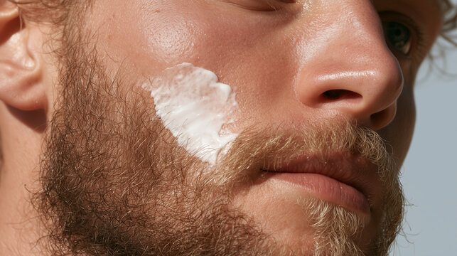 Close-up portrait of a bearded man with skincare cream on his cheek ,cosmetic for face, hand cream, losion for hair, photo style