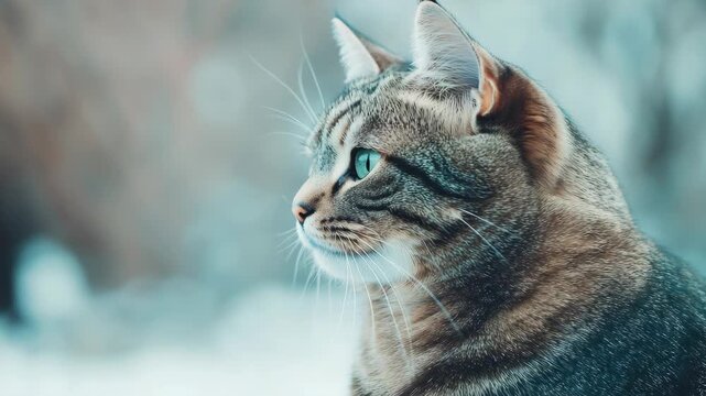 Close-up Portrait of a Tabby Cat with Green Eyes Looking Sideways