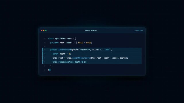 A screen recording of a programmer writing code for a spatial KD tree in a modern code editor. The lines of code appear sequentially on a sleek dark theme interface.